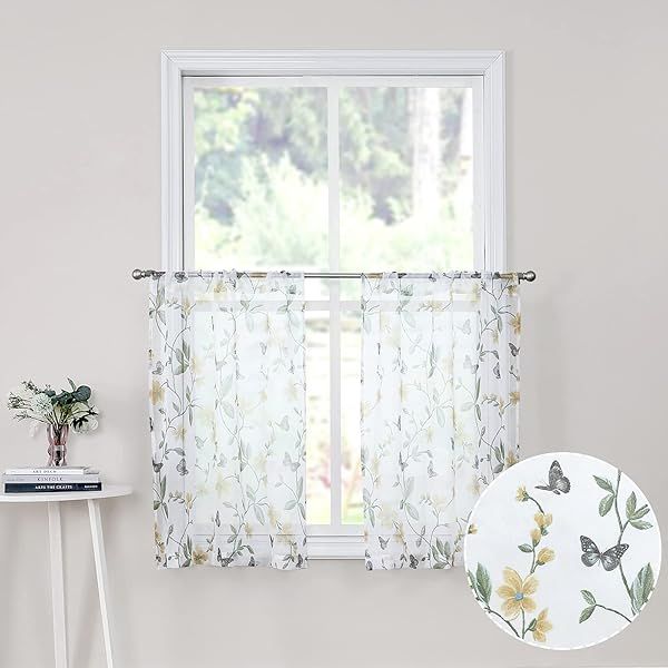 Buy Tollpiz Sheer Floral Tier Curtains - Yellow Flower & Butterfly Print, 30x36 inches, Set of 2 for Kitchen & Bathroom