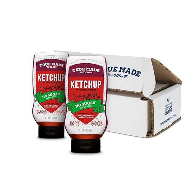True Made Foods No Sugar Added Ketchup - Healthy BBQ Sauce with Veggies, 2 Pack Squeeze Bottles for Keto, Whole30 & Vegan Diets
