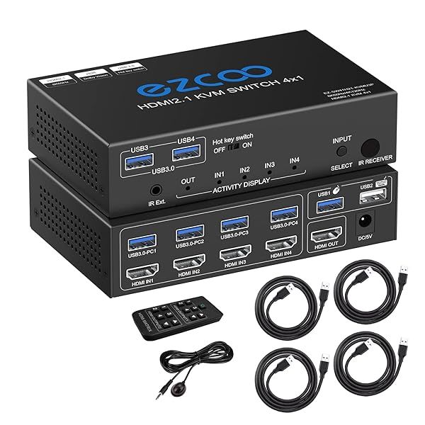 USB 3.0 KVM Switch for 4 Computers to 1 Monitor - 8K 120Hz, HDMI, IR Remote, HDCP Bypass, USB 3.0 Cables Included