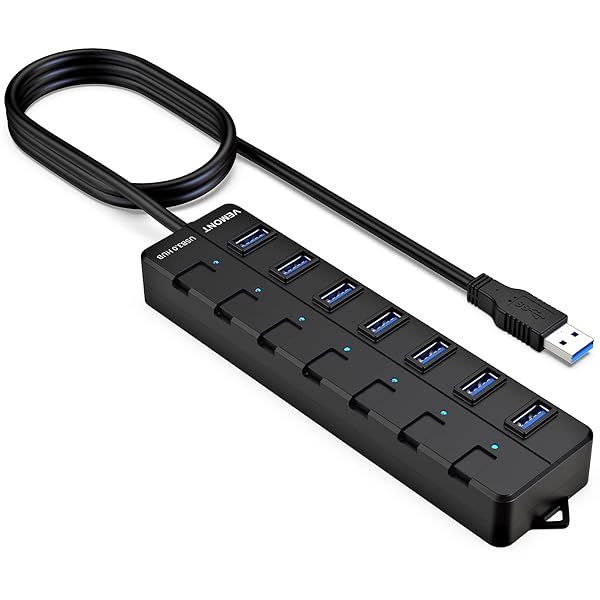 VEMONT 7-Port USB 3.0 Hub with Individual Switches & 4ft Cable - Perfect USB Splitter for Laptop & PC