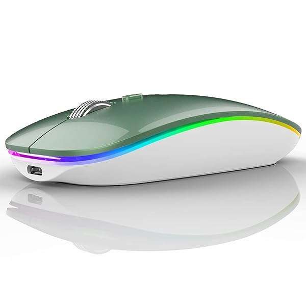 Uiosmuph G12 Slim LED Wireless Silent Mouse - Rechargeable 2.4G USB Optical Mice with Type C Adapter (Blacklish Green)