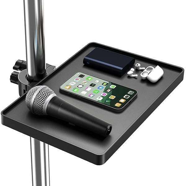 "Universal Microphone Stand Tray with Phone Holder - Adjustable 8.7" x 6.5" Music Shelf for Live Streaming & Recording"