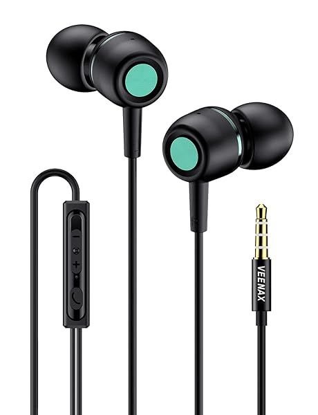 VEENAX M3 Wired Earbuds: Extra Bass Stereo Headphones with Microphone & Volume Control for Phones, PC, Tablet - Tangle-Free Design
