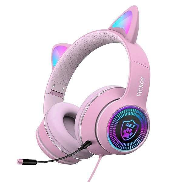 VIGROS Cat Ear Gaming Headphones: LED, Noise-Canceling, Foldable for Kids & Girls - Compatible with PC, PS4, Xbox, Mobile