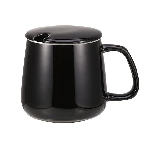 VOBAGA 14 oz Coffee Cup with Lid - Flat-Bottom Tea Mug for Daily Use | Perfect for Warming Coffee & Tea (Black)