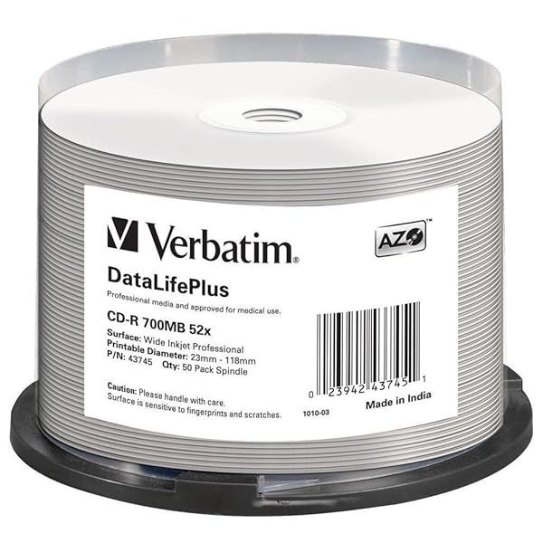 Verbatim 43745 52x CD-R DataLifePlus Inkjet 50pk Spindle - High-Quality Blank Discs for Professional Use