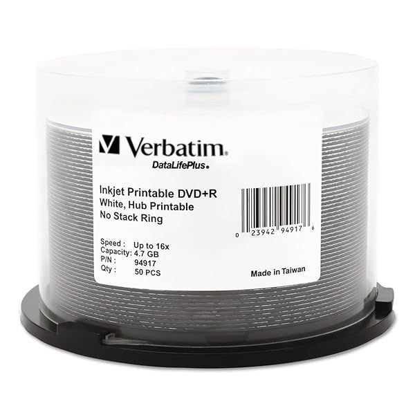 Verbatim DVD+R 4.7GB 16X Inkjet Printable 50pk - Hub Printable DataLifePlus Spindle