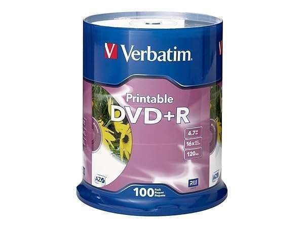 Verbatim DVD+R 4.7GB 16X White Inkjet Printable - 100 Pack Spindle for High-Quality Printing