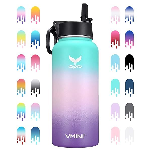 Vmini 32 oz Water Bottle with Wide Handle Straw Lid - Insulated Stainless Steel in Gradient Mint, Pink & Purple