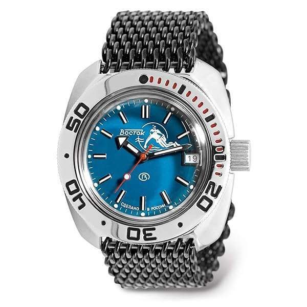 Vostok Amphibia 710059: Automatic Diver Watch with Black Mesh Bracelet - Scuba Dude Edition