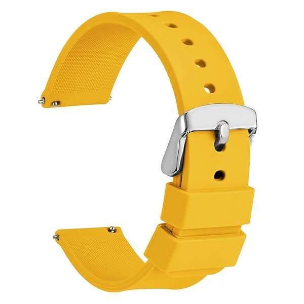 WOCCI 18mm Yellow Silicone Watch Band - Quick Release Rubber Strap with Silver Buckle