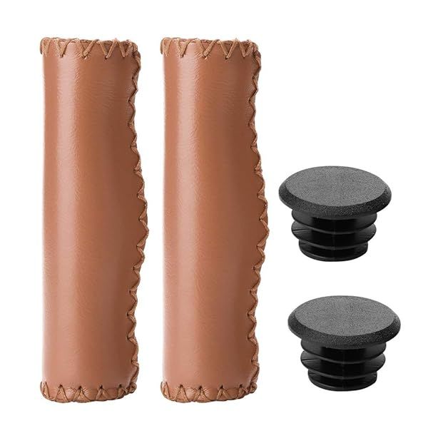 Premium White Leather Handlebar Grips with Brown Nonslip PU for Mountain Bicycles - 1 Pair Available in Black, Red, Blue