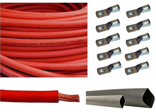 WindyNation 2/0 AWG 20ft Red Battery Cable & Connectors - Ultra Flexible Copper with Heat Shrink Tubing