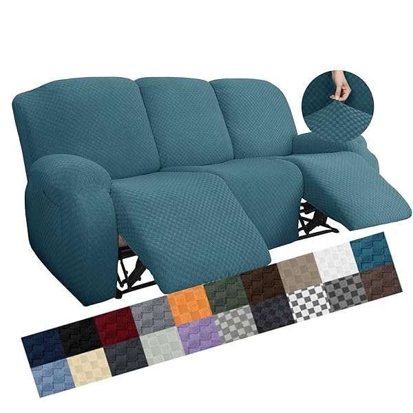 YEMYHOM 8-Piece Stretch Recliner Sofa Cover - Jacquard Anti-Slip Fitted Slipcovers in Peacock Blue