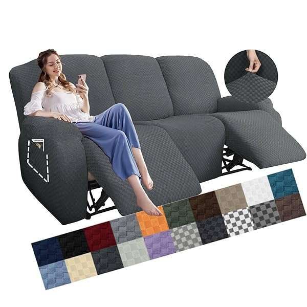 YEMYHOM 8-Piece Stretch Recliner Sofa Cover - Jacquard Anti-Slip Fitted Slipcovers with Side Pocket, Dark Gray