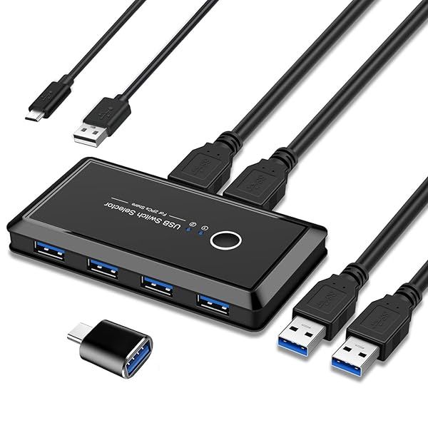 YINNCEEN USB 3.0 Switch: Share 4 USB Devices Between 2 PCs - KVM Switch for Printers, Scanners, Keyboards & More with USB-C Adapter