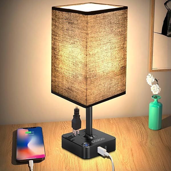 Cozy USB Bedside Table Lamp with 2 USB Ports & Outlets - Stylish LED Light for Bedroom & Living Room