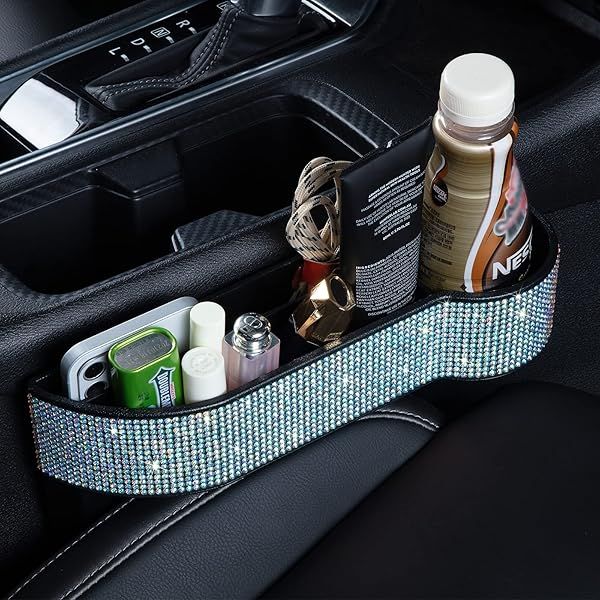Car Seat Side Drop Organizer with Cup Holder & Charging Ports - Gap Filler for Driver & Passenger (Multicolor Diamonds)