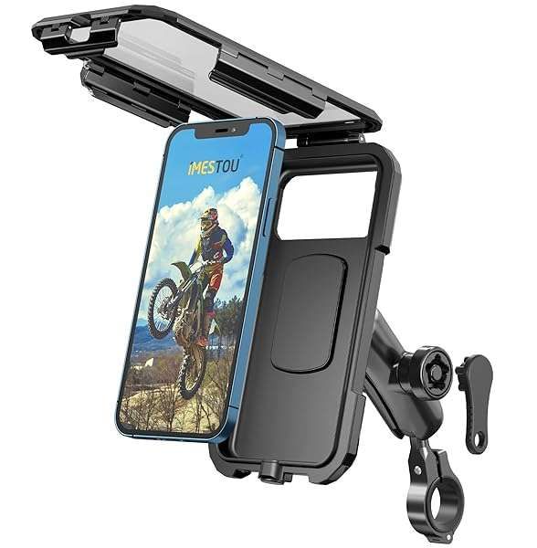 iMESTOU Anti-Theft Waterproof Motorcycle Phone Holder Bike Phone Mount 1&amp;quot; Ball Handlebar Stem Mobile Holder with Double Socket Arms 720° Rotation Aluminium Base for 5.5&amp;quot;-6.8&amp;quot; Cellphones (L)