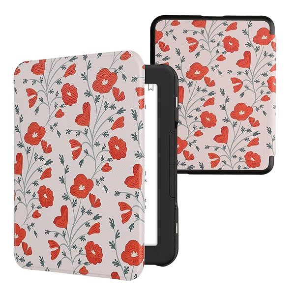 KWMobile Case for Barnes & Noble Nook Glowlight 4/4e - Stylish Poppy Red/Green/Beige eReader Cover