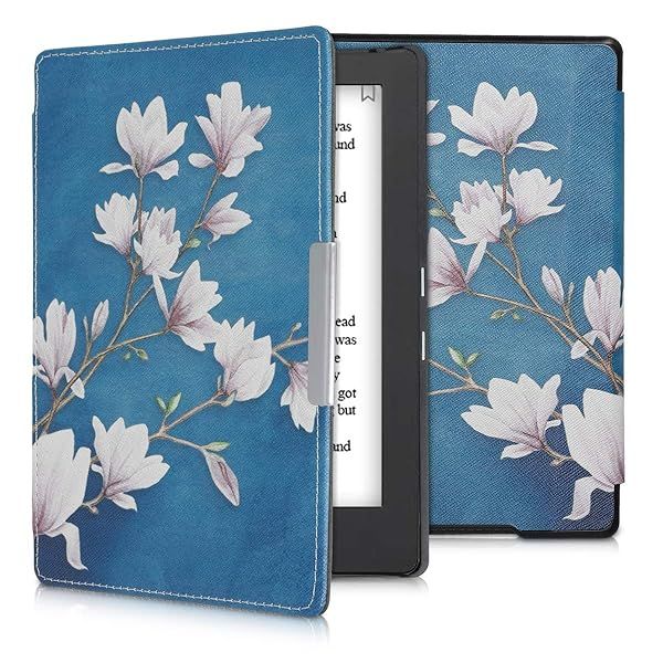 KWMobile Kobo Aura H2O Case - Stylish eReader Cover in Magnolias Taupe/White/Blue Grey