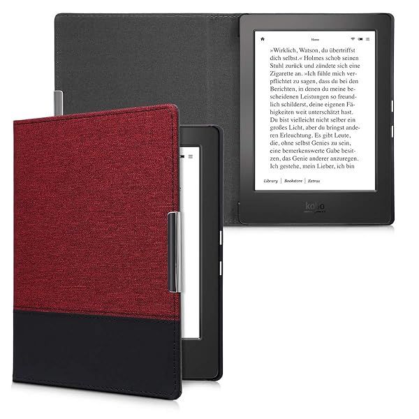 KWMobile Kobo Aura H2O Case - PU Leather & Canvas Cover in Dark Red/Black - Perfect Fit for Edition 1 e-Readers