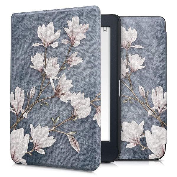 KWMobile Kobo Nia Case - Stylish eReader Cover in Magnolias Taupe/White/Blue Grey