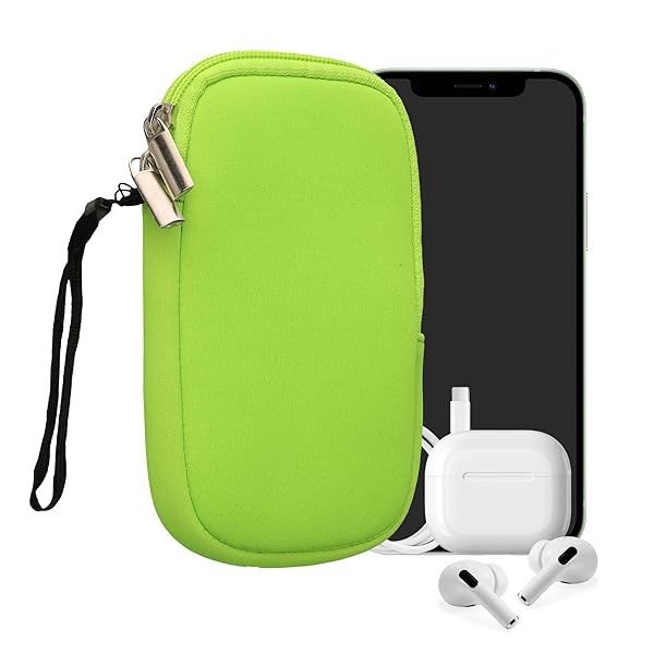 "kwmobile Neoprene Phone Pouch M - 5.5" Universal Cell Sleeve Bag with Zipper & Wrist Strap - Neon Green"