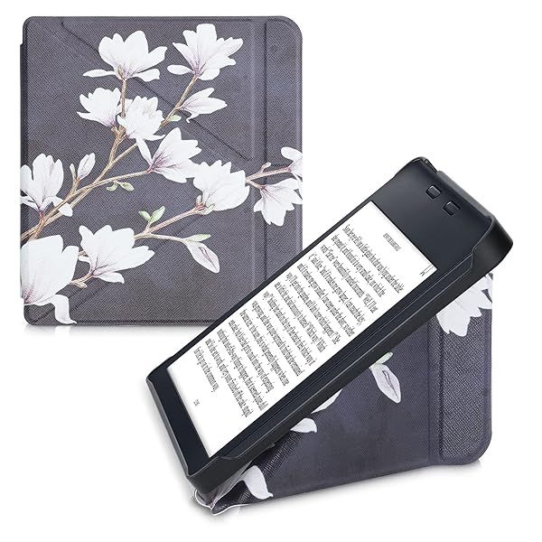 KWMobile Origami Case for Kobo Libra 2 - Slim PU Leather Cover with Stand in Magnolias Taupe/White/Dark Grey
