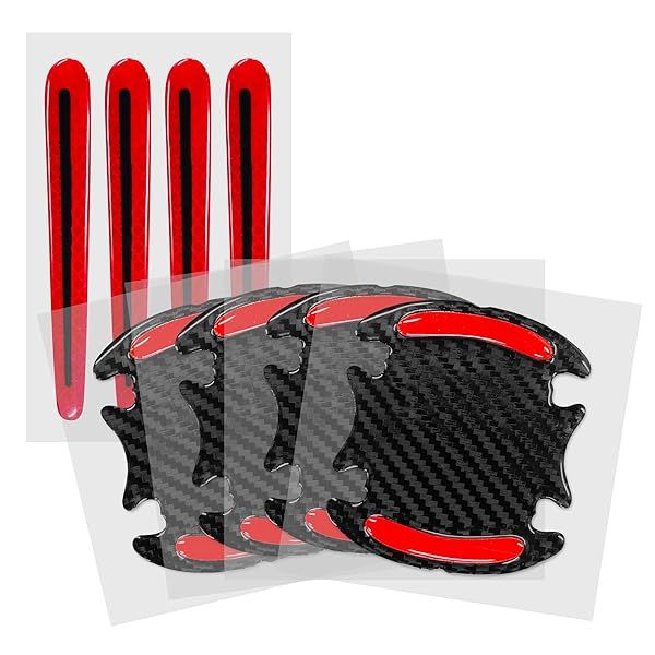 kwmobile Reflective Car Door Handle Decals - 8X Carbon Print Protective Stickers in Black/Red