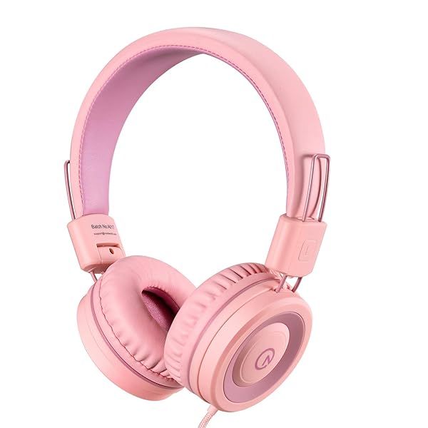 Kids Headphones K11: Foldable Stereo, Tangle-Free, 5ft Cord - Perfect for iPad, School, Travel & More - Soft Pink