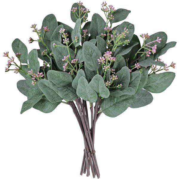 "10 Pcs Artificial Eucalyptus Leaves - Grey Green Stems for Weddings & Holiday Decor | 11" Tall Greenery"