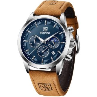 BY BENYAR Watches for Men Chronograph Waterproof Men's Wrist Watches Business Work Casual Sport Fashion Brown Leather Mens Dress Watch Unique Elegant Gifts for Men