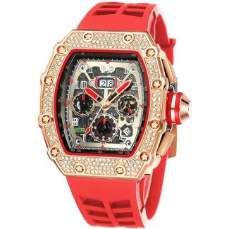 FANMIS Men's Bling Punk Diamond Chronograph Watch - Stylish Red Rose Silicone Sports Wrist Watch