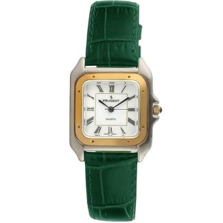 Peugeot Women's Two-Tone Tank Dress Watch with Green Leather Band - Stylish & Elegant Timepiece