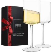 ELIXIR Glassware Set of 2 - Hand Blown 14oz Square Wine Glasses for Red & White Wine - Perfect Housewarming Gift