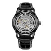 FOR SINING Men's Automatic Skeleton Watch - Dodecagon Tourbillon with Leather Band (Black)