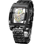 FORISNING Men's Luxury Hollow Skeleton Watch - Retro Gear Design, Large Dial, Leather & Stainless Steel Band