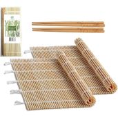 "FUNGYAND Bamboo Sushi Rolling Mat & Chopsticks Set - 9.5"x9.5" Sushi Making Kit for Perfect Rolls"