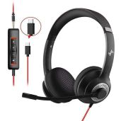 JIAMQISHI Wired Headset with Noise-Cancelling Mic for PC & Laptop - Type-C & 3.5mm Over-Ear Headphones with In-line Control
