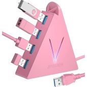 JoyReken 4-Port USB 3.0 Hub - Vertical Data Hub with 2ft Cable for Mac, PC, Xbox, PS4/PS5, iMac, Laptop - Pink