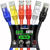 Maximm Cat 6 Ethernet Cable 0.6 ft (6-Pack) - High-Speed 10Gbps LAN & Network Cables - UTP, 550MHz, Multicolor