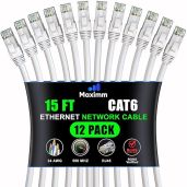 Maximm Cat 6 Ethernet Cable 15 ft (12-Pack) - High-Speed LAN Cable, Internet Cable, Patch Cable, and Network Cable - UTP, 10Gbps, 550MHz Ethernet Cord - White