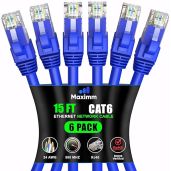 Maximm Cat 6 Ethernet Cable 15 ft (6-Pack) - High-Speed 10Gbps LAN & Network Cables - UTP, 550MHz, Blue