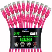 Maximm Cat 6 Ethernet Cable 2ft (20-Pack) - High-Speed 10Gbps Network Cable - Pink UTP Patch Cord for Fast Internet