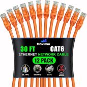 Maximm Cat 6 Ethernet Cable 30 ft (12-Pack) - High-Speed LAN Cable, Internet Cable, Patch Cable, and Network Cable - UTP, 10Gbps, 550MHz Ethernet Cord - Orange