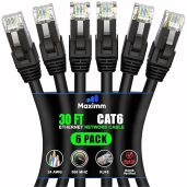 Maximm Cat 6 Ethernet Cable 30 ft (6-Pack) - High-Speed LAN Cable, Internet Cable, Patch Cable, and Network Cable - UTP, 10Gbps, 550MHz Ethernet Cord - Black