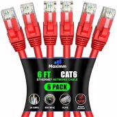 Maximm Cat 6 Ethernet Cable 6 ft (6-Pack) - High-Speed 10Gbps LAN & Network Cables - Red UTP Patch Cord for Fast Internet