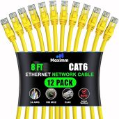Maximm Cat 6 Ethernet Cable 8 ft (12-Pack) - High-Speed LAN Cable, Internet Cable, Patch Cable, and Network Cable - UTP, 10Gbps, 550MHz Ethernet Cord - Yellow
