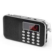 PRUNUS Mini Portable AM FM Radio: MP3, LED Flashlight & Rechargeable Battery - Compact Digital Speaker with Micro SD/USB Support